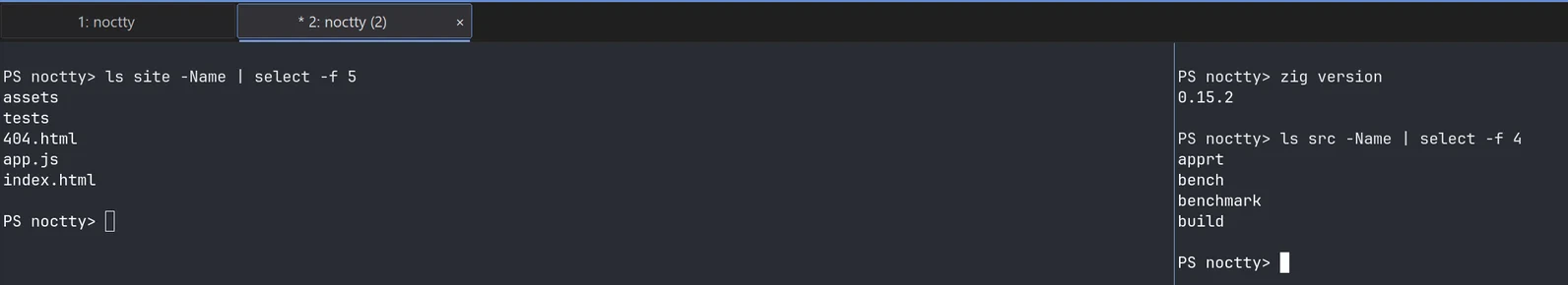 Noctty running on Windows with two tabs and a vertical split, each pane showing a PowerShell session listing project directories.